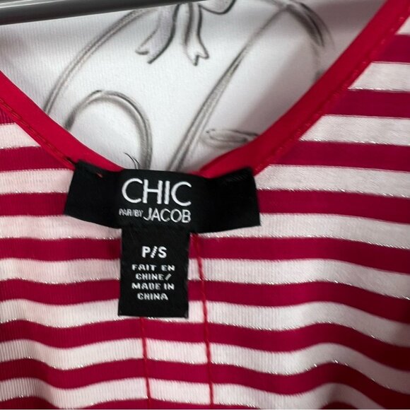 Chic by Jacob long sleeve silver sparkly red White Striped ribbon bow Top - Picture 8 of 11